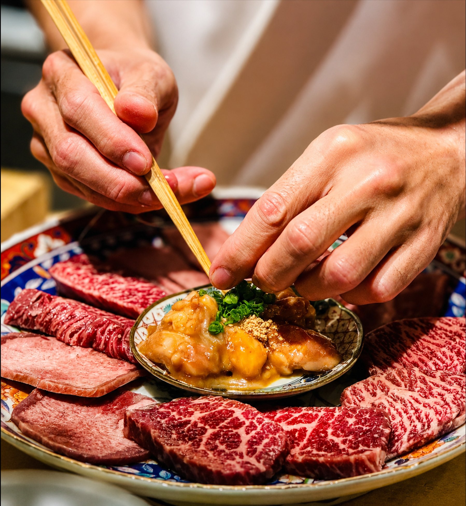 福岡薬院の焼肉店「焼肉 牛歩」、黒毛和牛の盛り合わせにホルモンを添える手元